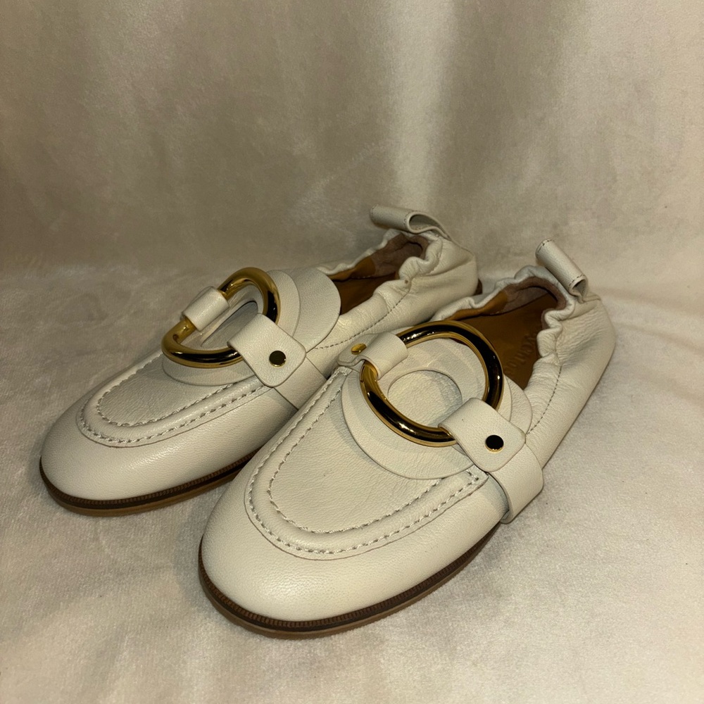 See by Chloe Cream Loafers with Gold Buckle